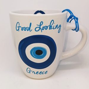 White blue evil eye mug
