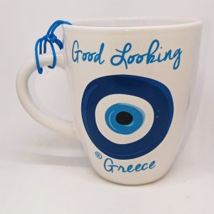 White blue evil eye mug