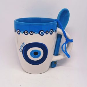 White espresso mug blue evil eye