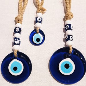 Glass evil eye wall hanging with rope