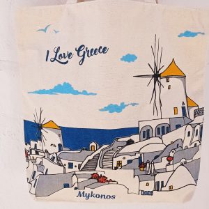 Canvas big shopping bag with Mykonos windmill and zipper
