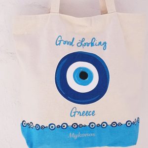 Canvas big shopping bag with blue evil eye and zipper
