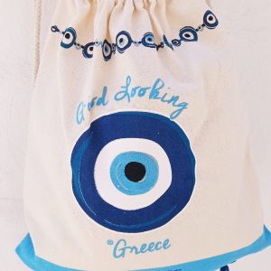 Canvas backpack with evil eye and pompons