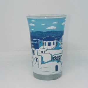 Traditional church blue of Santorini Greece island glass shot