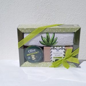 Gift box with hand towel, soap and body butter