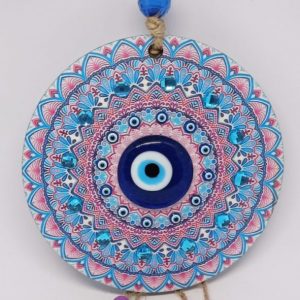 Large pink and blue wood wall hanging decoration with mandala pattern and eyil eye