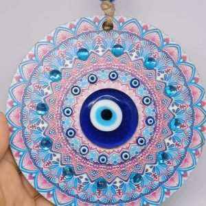 Large pink and blue wood wall hanging decoration with mandala pattern and eyil eye