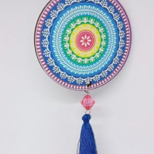 Small colorful wood wall hanging decoration with mandala pattern and evil eye