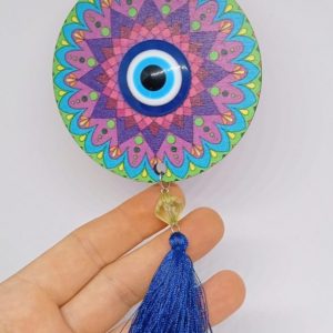 Small blue wood wall hanging decoration with mandala pattern and evil eye