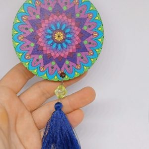 Small blue wood wall hanging decoration with mandala pattern and evil eye