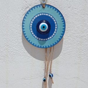 Blue wood wall hanging decoration with evil eye