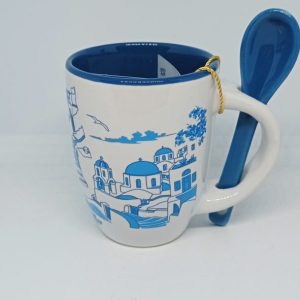 Dark blue traditional church of Santorini espresso mug